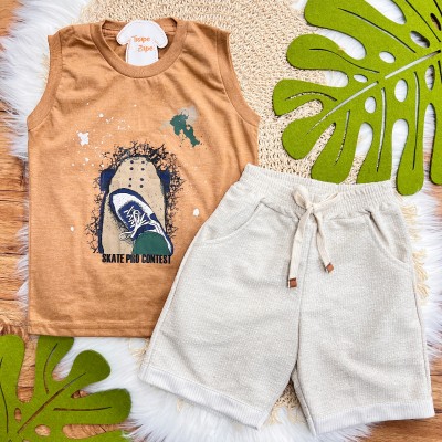 Conj. Regata Skate Pro Contest e Bermuda em Linho - Ferrugem e Areia